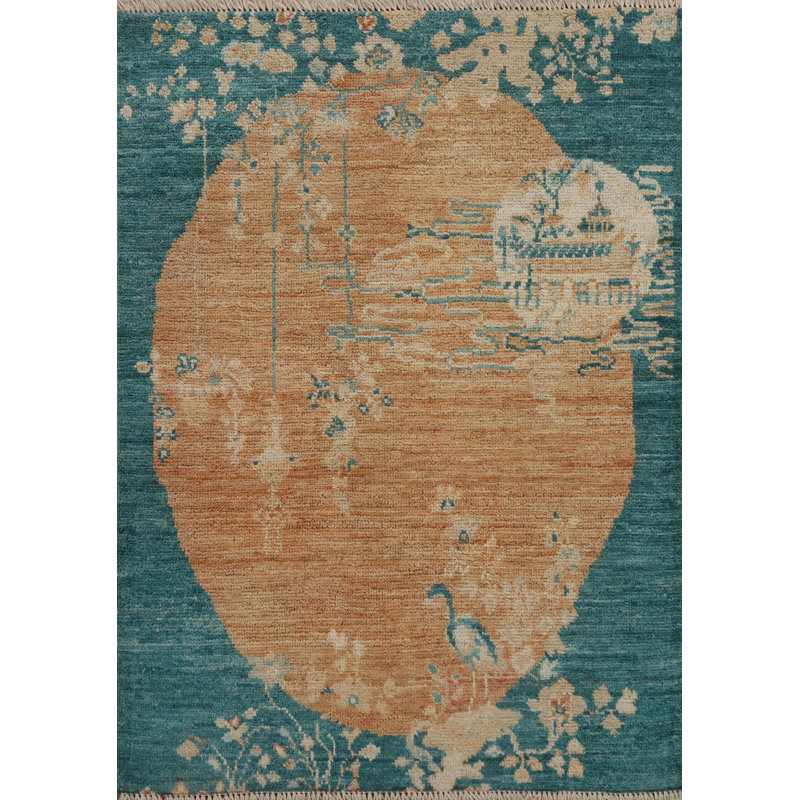 Tapis orange en laine noué à la main de conception unique 2 pi 11 po x 3 pi 10 po New Age