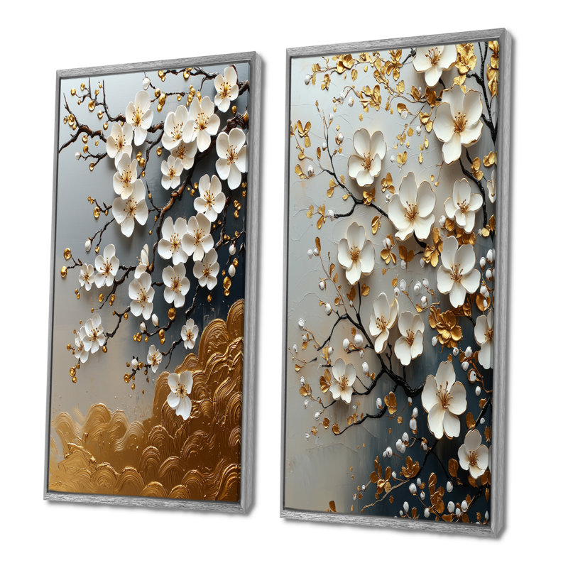 Ensemble de 2 pièces de fleurs de cerisier en or doré bleu Bonzai Blossom I, H 40 po x l 40 po, Impression encadrée