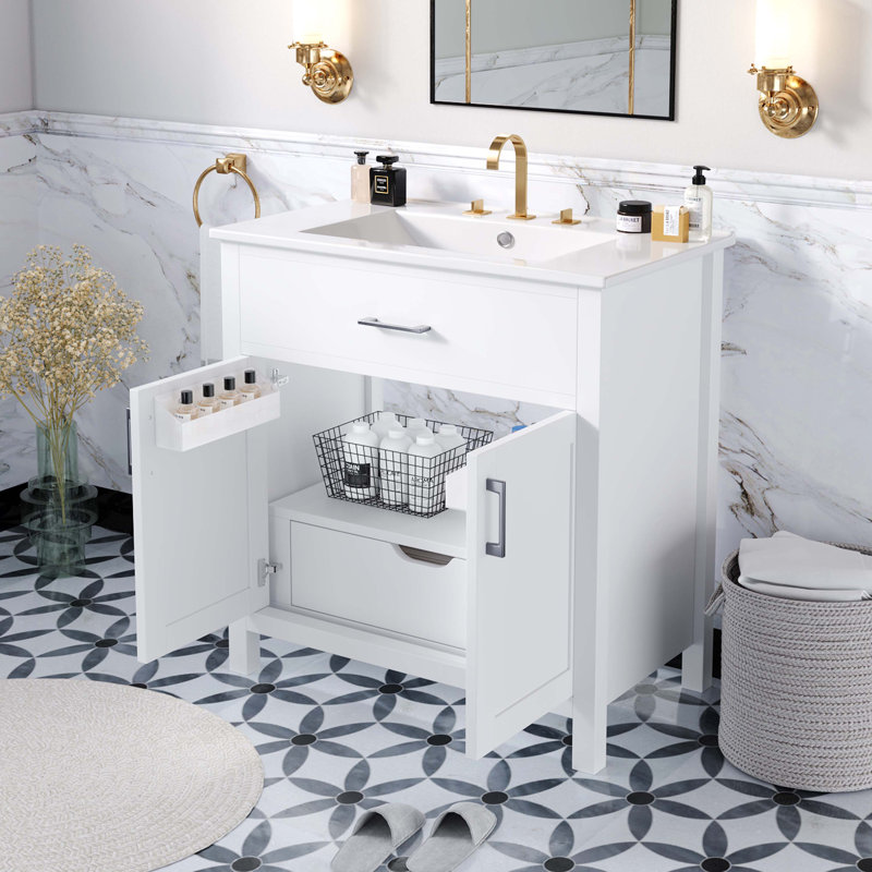 Meuble-lavabo de 30 pouces avec lavabo en céramique et beaucoup de rangement - le choix parfait pour les petites salles de bain