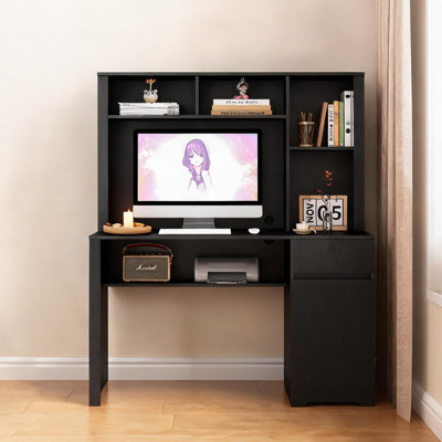 Bureau d'ordinateur avec rehausse et bibliothèque, noir mat, L 51,18 po x l 24,8 po, prises de courant intégrées