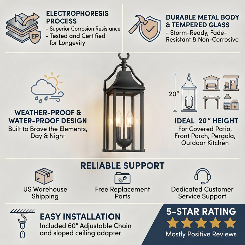 Alvester 20'' H Black Iron Outdoor Hanging Lights with Tempered Glass, Matte Black