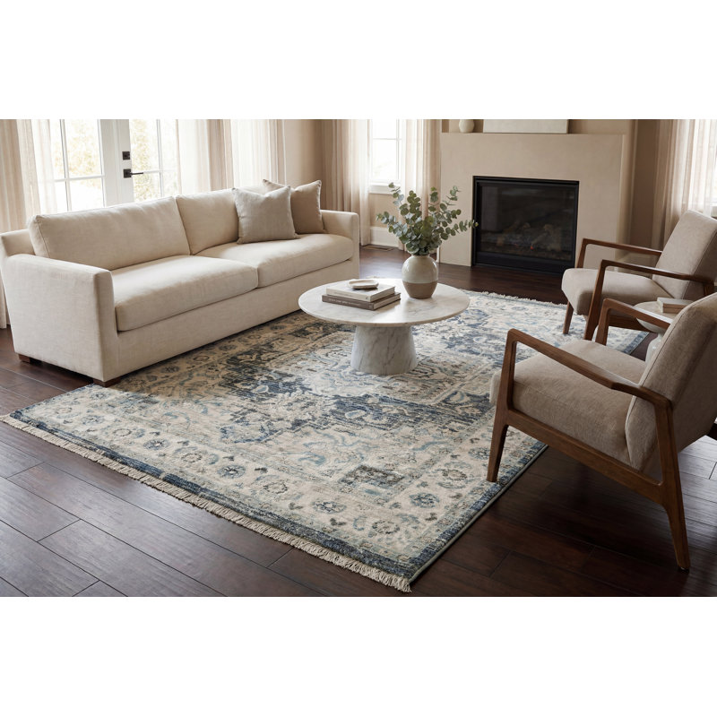 Tapis bleu foncé/crème Omarion, Rectangle 2 pi x 3 pi 11 po