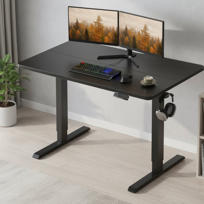 Height-Adjustable Electric Height-Adjustable Desk, All-Black Color Scheme With Interlocking Panels, Allows For Efficient Sitting And Standing Work.