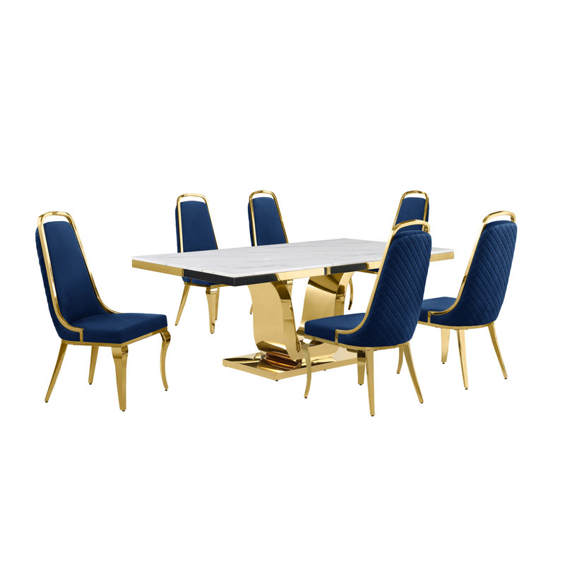 Kimoria Marble Top Pedestal Dining Set, Navy, 7
