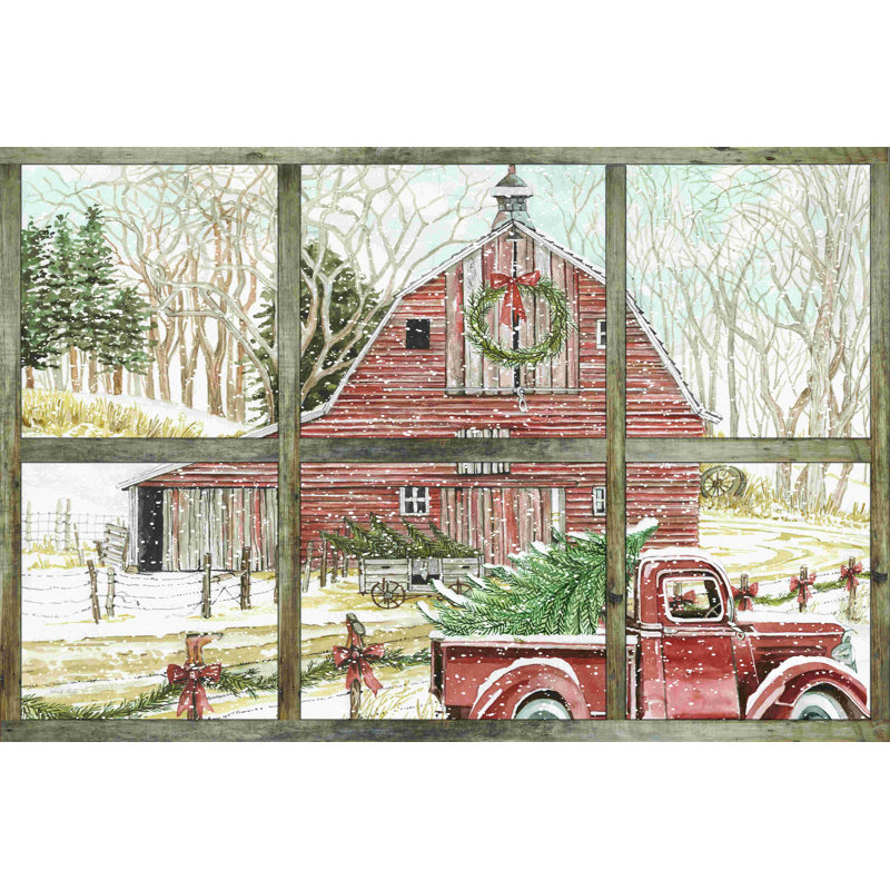 Christmas Barn View - reproduction d'art sur toile tendue, H 12 po x l 18 po