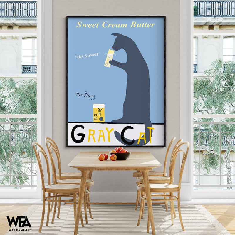 Chat gris par Ken Bailey, art mural de boulangerie, idée de décoration de cuisine boulanger, impression d'affiche beurre, décoration de cuisine pour chat, art de propriétaire de chat