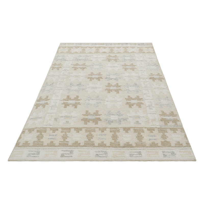 Rug & Kilim’S Scandinavian Rug In Taupe And Cream With Geometric Patterns, Rectangle 5' x 7'