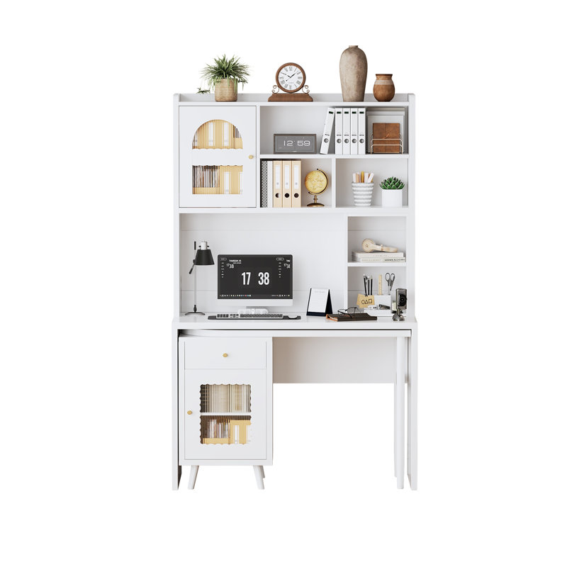 Thane Computer Desk with Swivel Top, Drawer & Cabinets, White, No