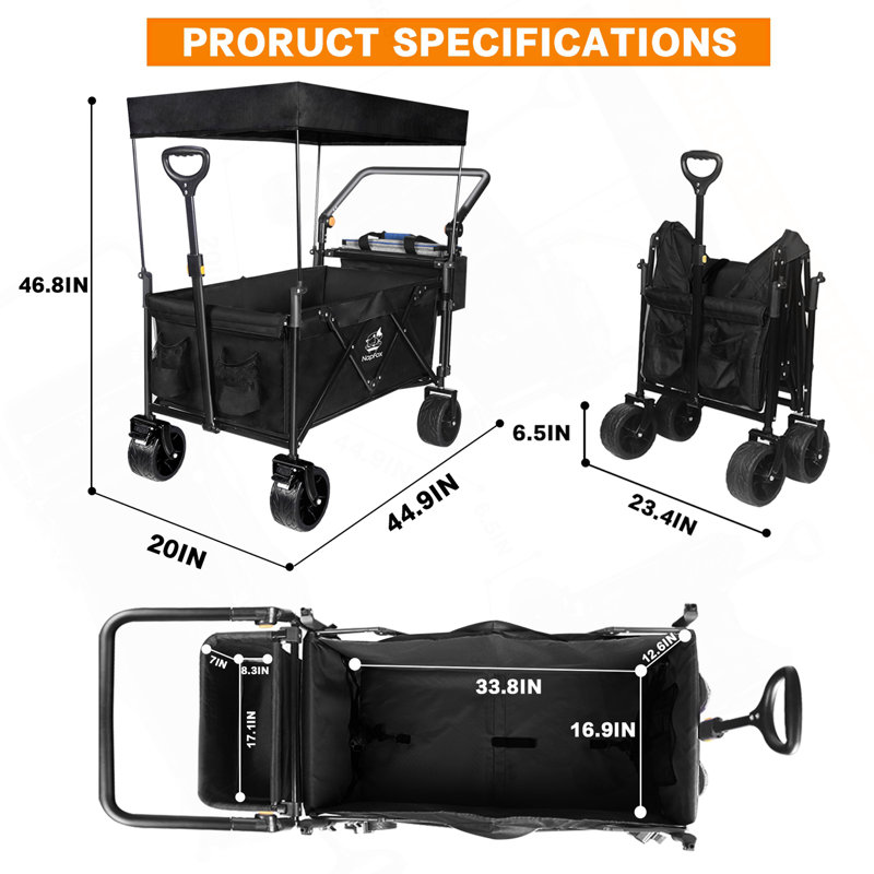 Wagon pliable polyvalent avec pavillon amovible et plusieurs options de rangement, Noir