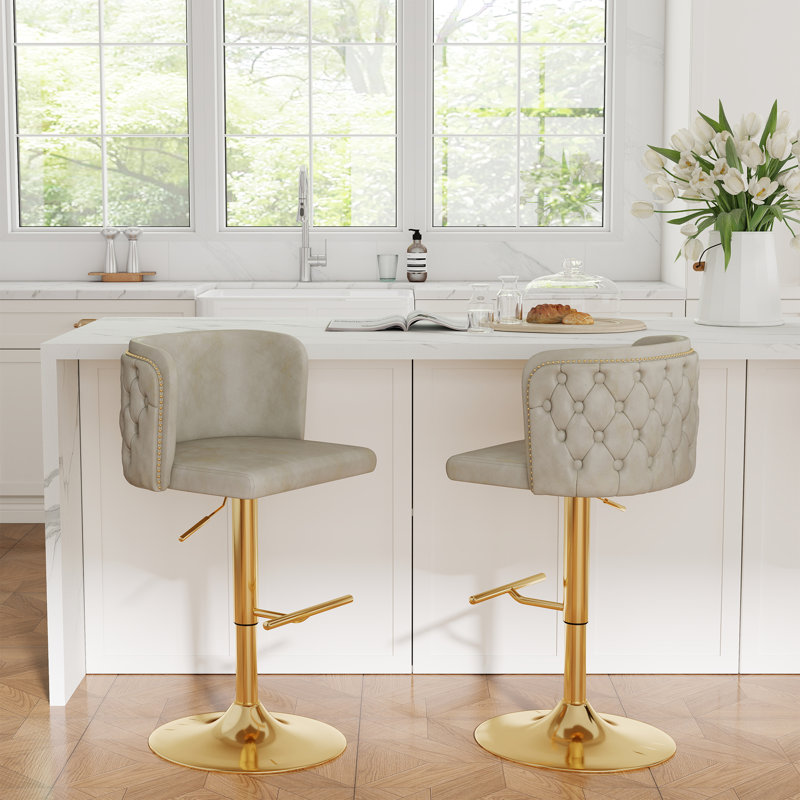 Swivel Barstools Adjusatble Seat Height, Modern Pu Upholstered Bar Stools (Set of 2), Beige