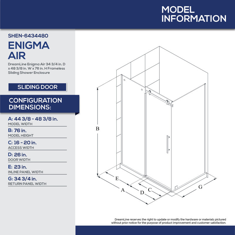 Enigma Air 48.375" x 76" Single Sliding Frameless Shower Door with Clearmax™ Technology, Brushed Stainless Steel