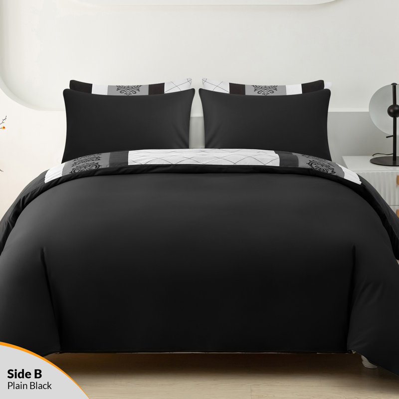 Microfiber Geometric Duvet Cover Set, Double (200cm x 200cm), Black & White