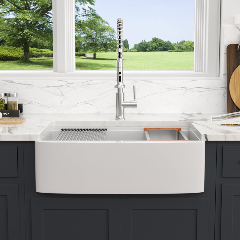 33" L x 21" W White Ceramic Farmhouse/Apron Kitchen Sink with Ledge Workstation and Accessories, Silver