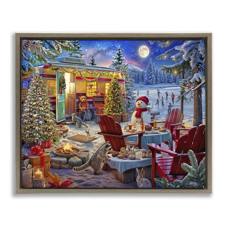 Cadre flottant Winter Holiday Camper Party, design par Henriette Chinaglia, H 17 po x l 21 po, Cadre flottant orme Montalcino