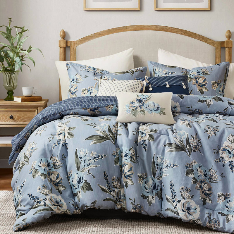 Couette King 7 pièces avec imprimé floral vintage, texture, design réversible, entretien facile toutes saisons et côtés rayés, confort moelleux