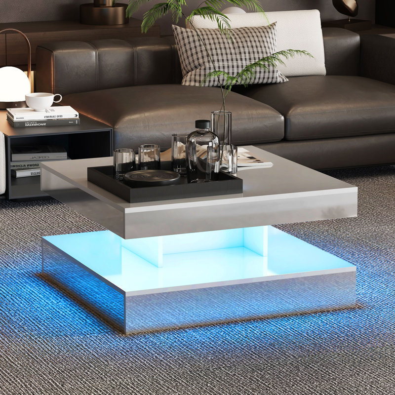 Charvez Solid Coffee Table with 16 Colors LED Lights, 78 x 78 cm, Silver, 40cm H x 78cm W x 78cm D