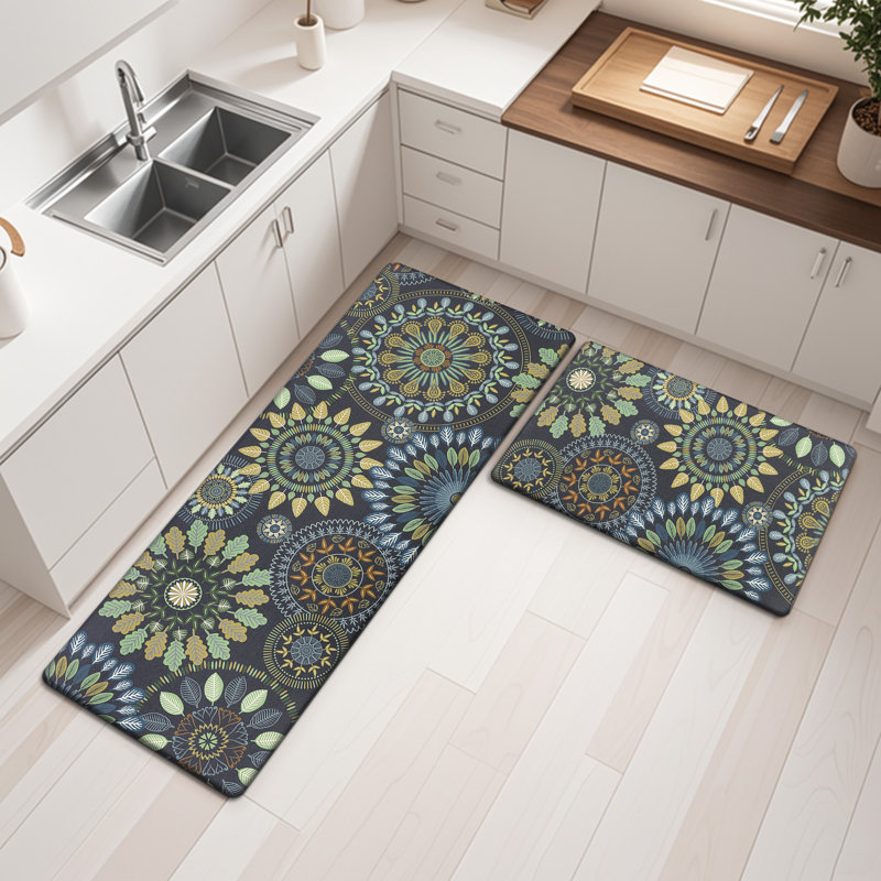 Jalissia Anti-Fatigue Non-Skid Kitchen Mat, Runner 18" x 30" + 18" x 48", Gray/Beige/Dark Green/Blue