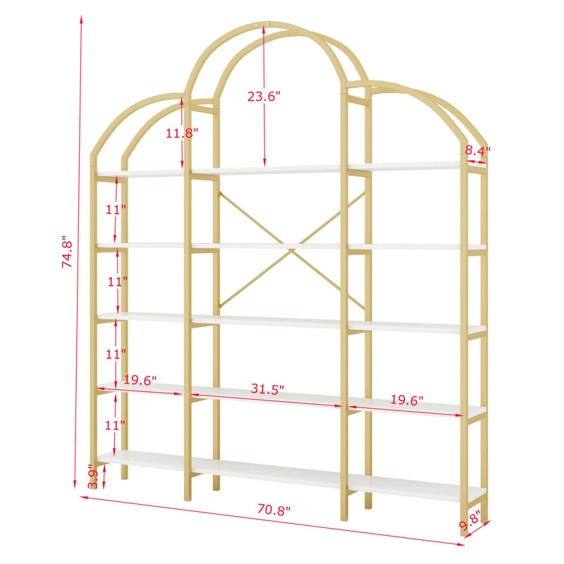 74.8 Inch 5 Tiers Office Bookcase Bookshelf, Display Shelf With Round Top, X Bar Gold Frame For Home Office