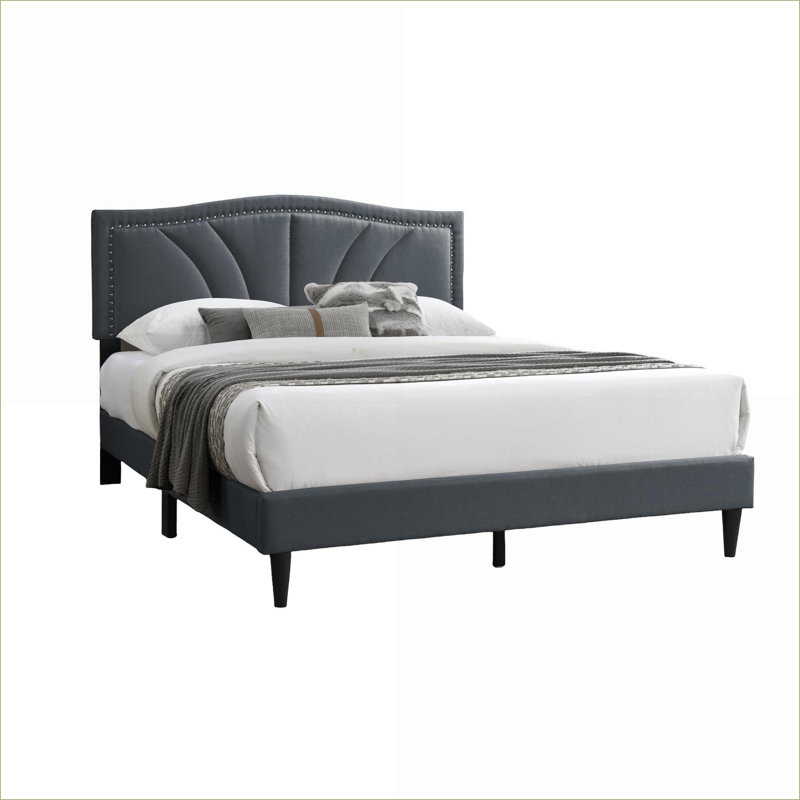 Queen Size Burlap Fabric Platform Bed Frame No Box Spring Required Charcoal Modern Vintage for Master Bedroom, Charcoal