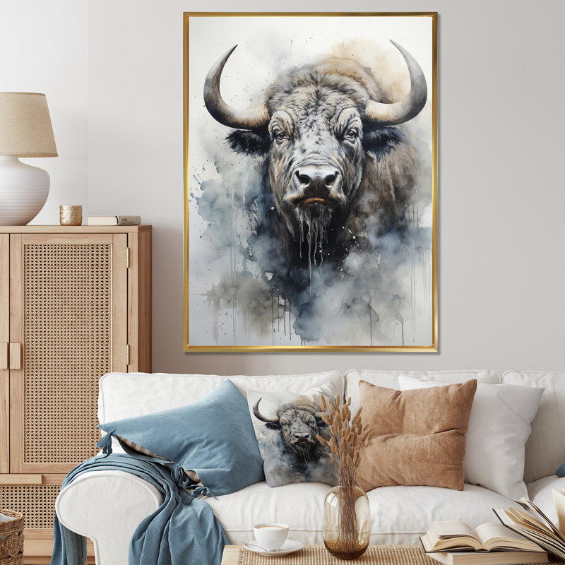 Gray Buffalo Majestic Profile Pointillism - animaux, impressions sur toile, Cadre flottant doré, H 32 po x l 16 po x P 1 po
