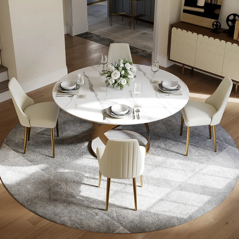 Table de salle à manger Maxwell Modern 4-8, H 29,53 po x L 51,18 po x l 51,18 po, Blanc brillant / bronze