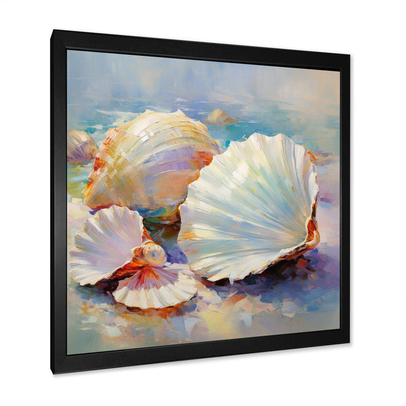 White Impressionist Seashells I - Animals Wall Art Prints, Cadre simple noir, H 30 po x l 30 po x P 1 po