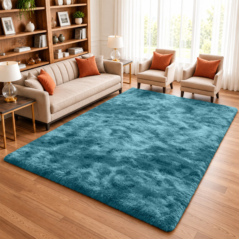 Machine Tufted High Pile Shag Area Rug(Ultra Soft & Fluffy), Tye Dye Teal, Rectangle 160 x 230 cm