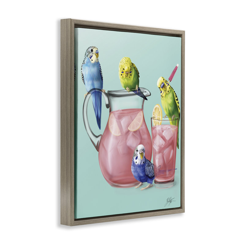 "Budgies & Pink Lemonade", art mural par Mehu Art, Cadre flottant orme Montalcino, H 31 po x l 25 po