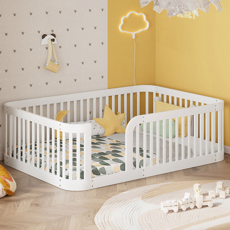 Structure de lit en bois avec clôture, Lit double, Blanc
