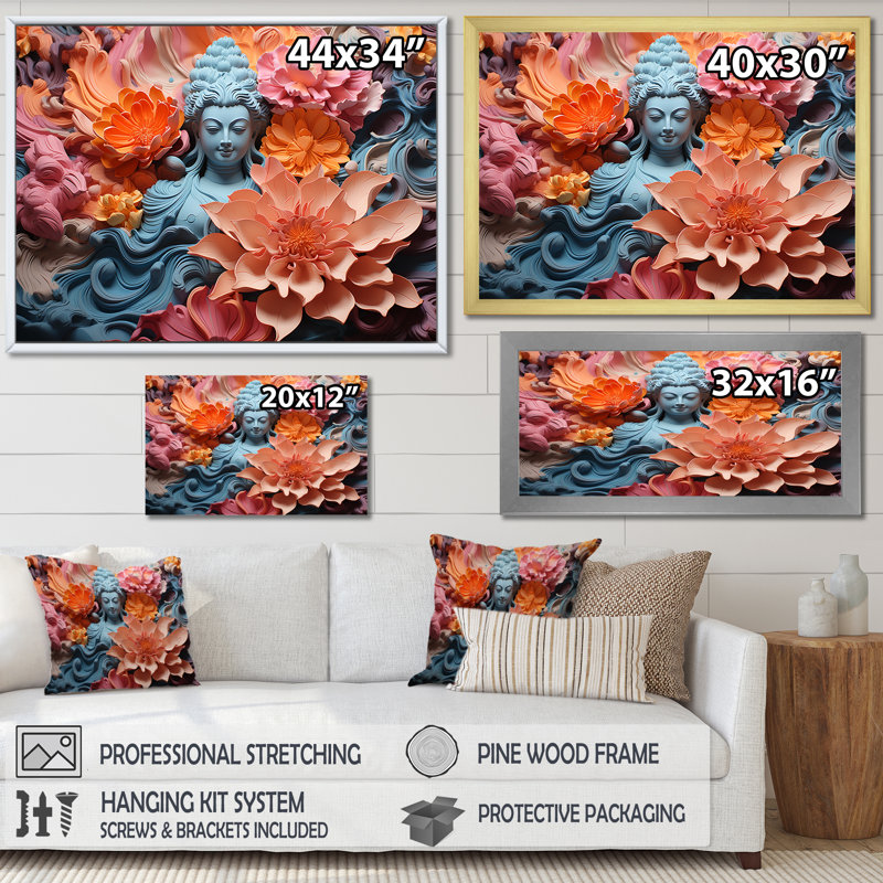 Statue de bouddhisme en fleurs I - décoration murale bouddhisme, H 24 po x l 32 po x P 1 po, Cadre flottant brun