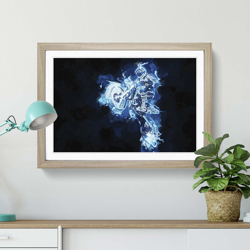 Blue Neon Motocross in Abstract - Picture Frame Painting Print, Oak Framed, 36cm H x 48cm W x 2cm D