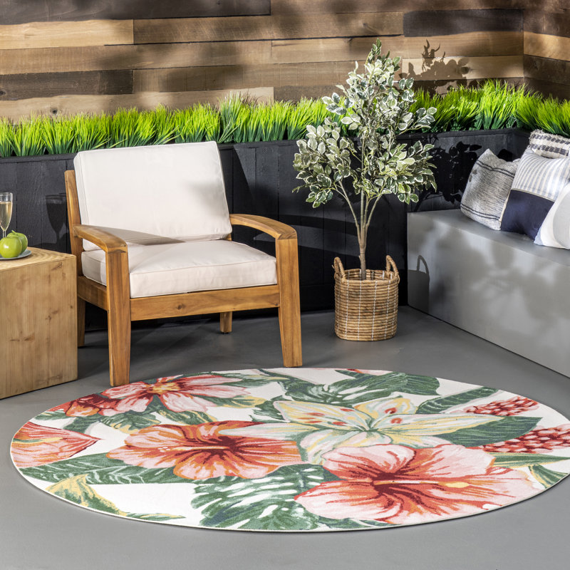 Perao Floral Indoor / Outdoor Rug, Round 6'