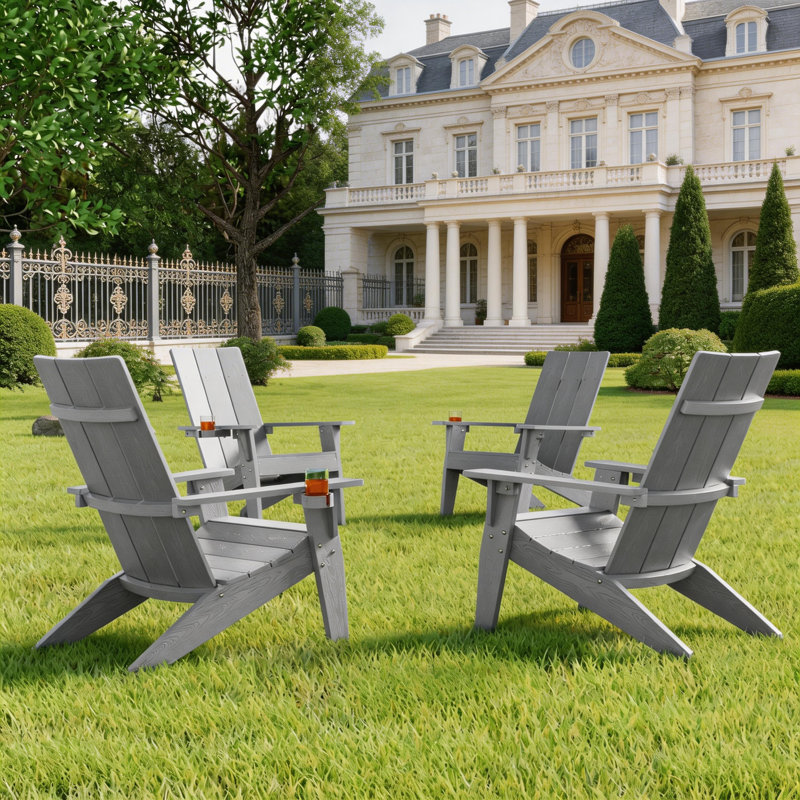 Aurra Set of 4 Modern All Weather Outdoor HIPS Plastic Adirondack Chairs with Cup Holder Oversize Fire pit Chairs, Light Gray