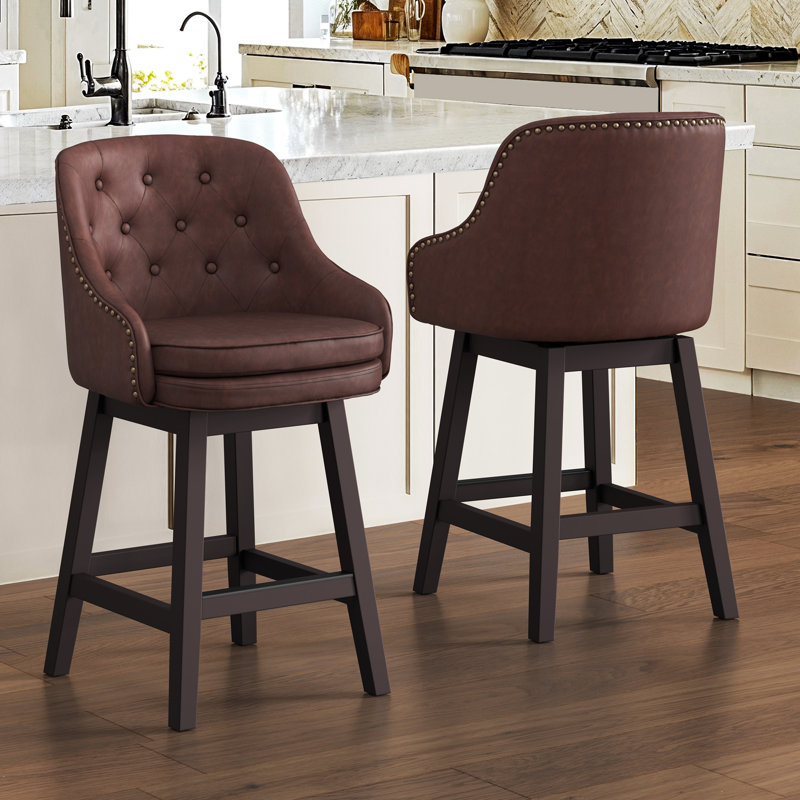 Chela Upholstered Button-Tufted Barstool with Solid Wood Frame, Reddish Brown Seat/Espresso Frame