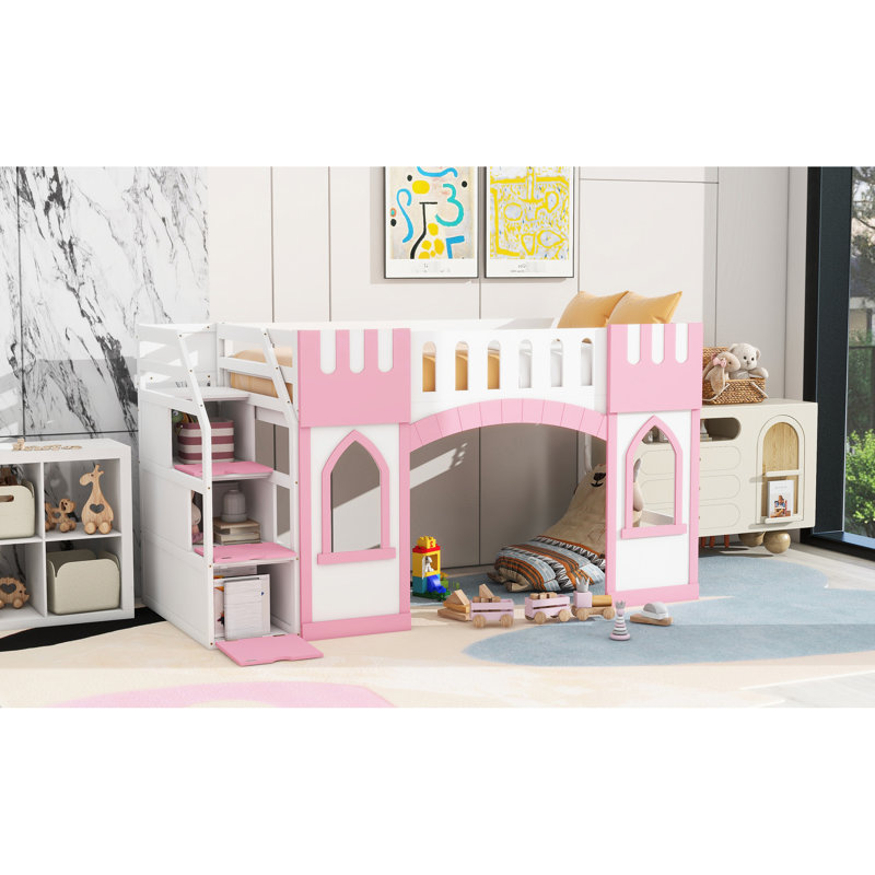 Lit mezzanine simple avec fenêtre et escalier de rangement compact en rose, Rose
