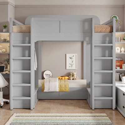 Spacious Triple Bunk Bed with Built-In Storage Shelves and Convenient Hanging Hooks - Twin Over Twin XL Configuration for Kids' Rooms