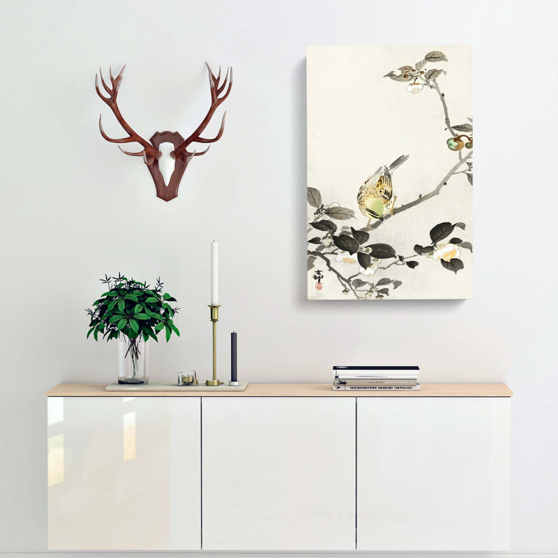 Bunting Bird On A Blossom Branch by Ohara Koson - Wrapped Canvas Painting, 60cm H x 40cm W x 3cm D