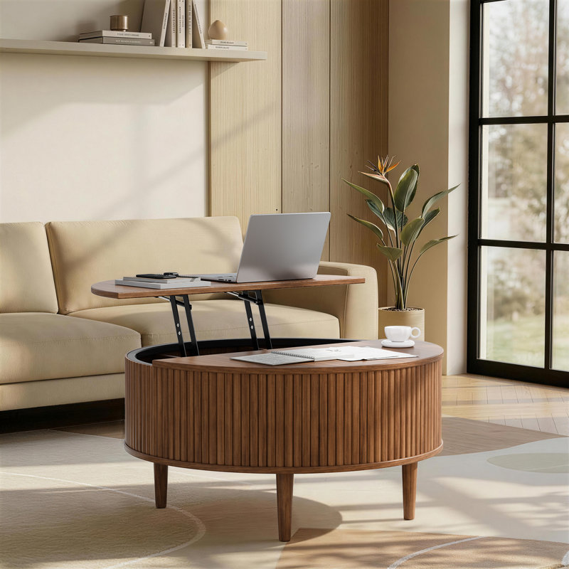 Table basse à plateau relevable avec rangement, table convertible cannelée moderne de 31,5 pouces avec compartiments cachés pour le salon