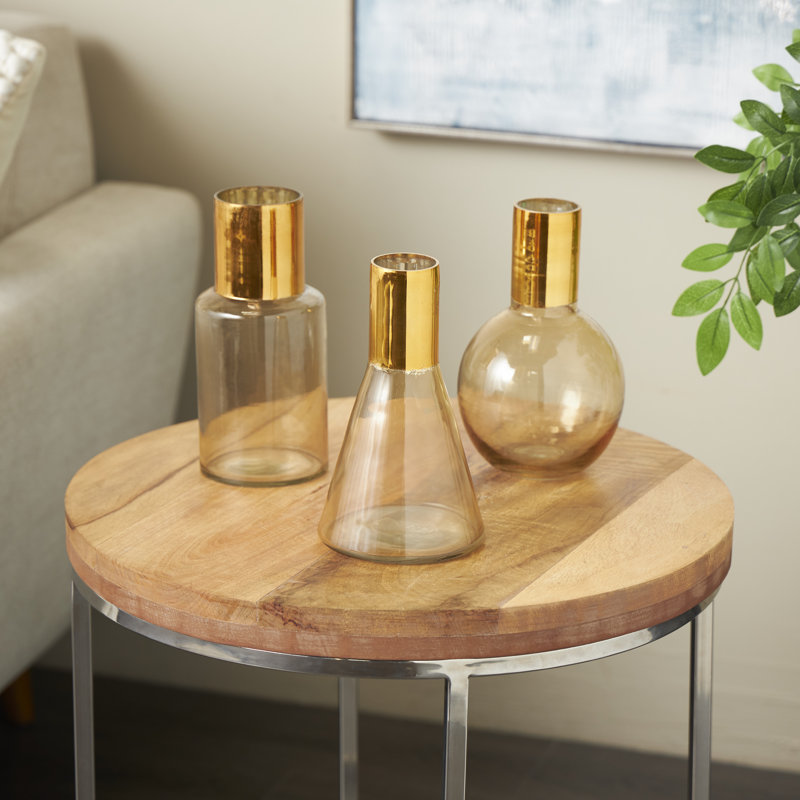 Jaelys Glass Tinted Decorative Vase with Shiny Round Opening Set, Gold, 8.45" H x 4.85" W x 4.8" D