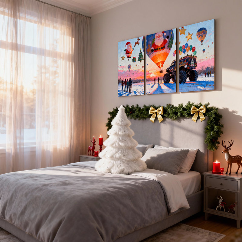 Ensemble de 3 reproductions d'art sur toile de Noël avec montgolfière en hiver, 30" H x 60" W