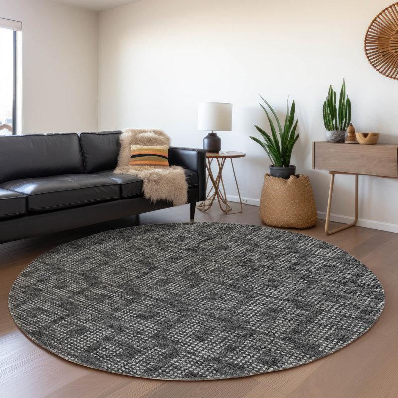 Premium Machine Washable Mayfield AMF33 Geometric Rug, 8' Round, Black
