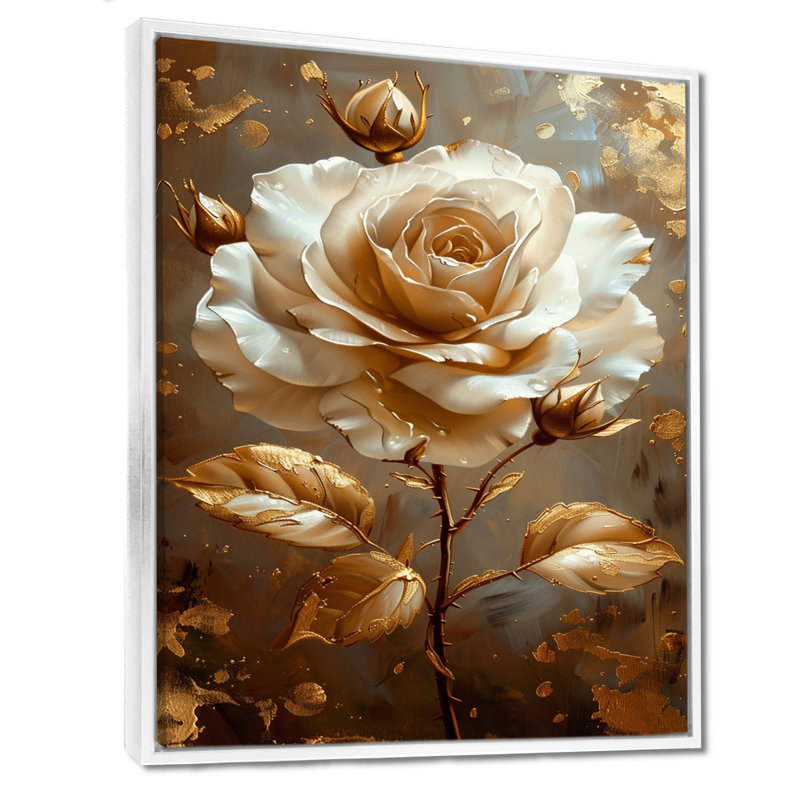 Or blanc doré doré feuilles dorées - rose, art mural, Toile encadrée flottée blanche, H 32 po x l 16 po x P 1 po