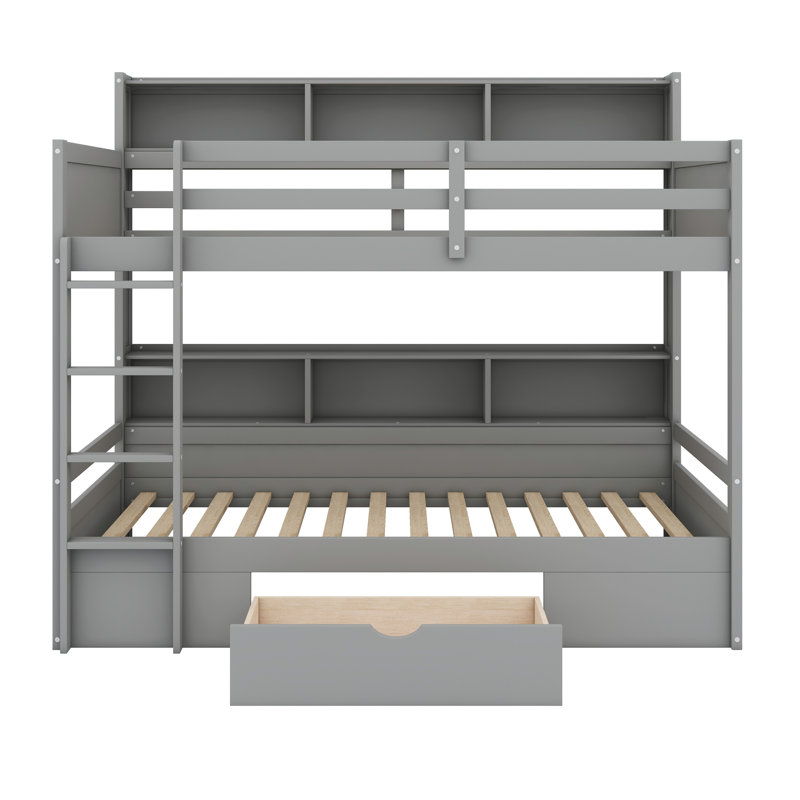 Structure de lit en bois massif pour la chambre à coucher, avec tablettes intégrées à côté du lit supérieur et inférieur et du tiroir de rangement