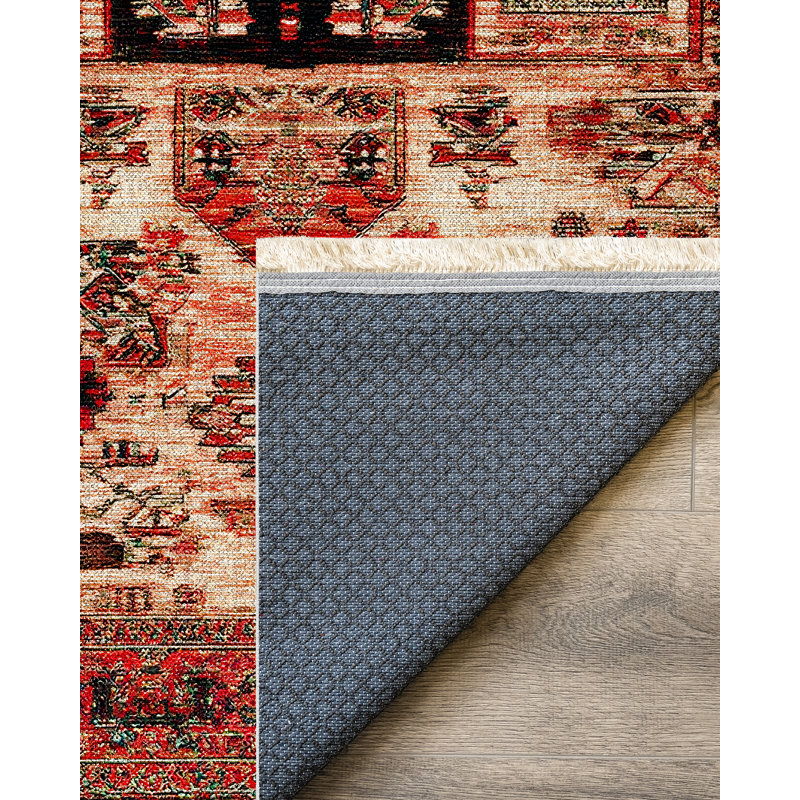 Jateen Collection Digital Print Cotton-Polyester Blend Red Beige Rug, Runner 2'8" x 7'3"