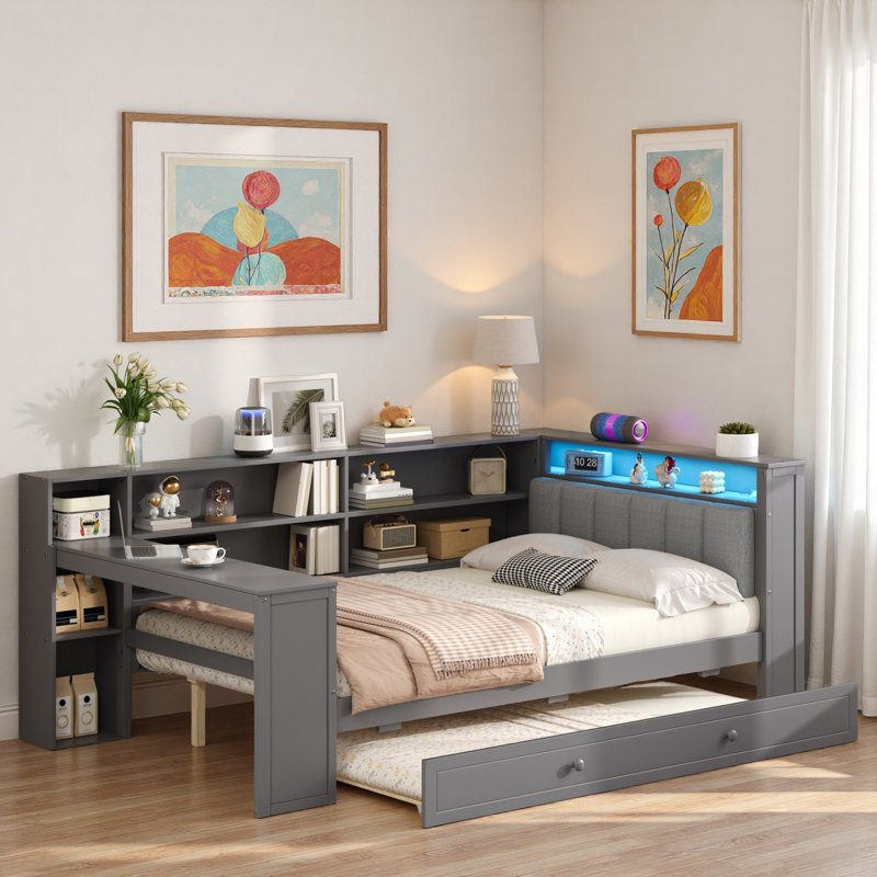 Wood Platform Bed With Storage Shelves, Trundle, Charging Station, Led, Desk And Upholstered Headboard, Gray