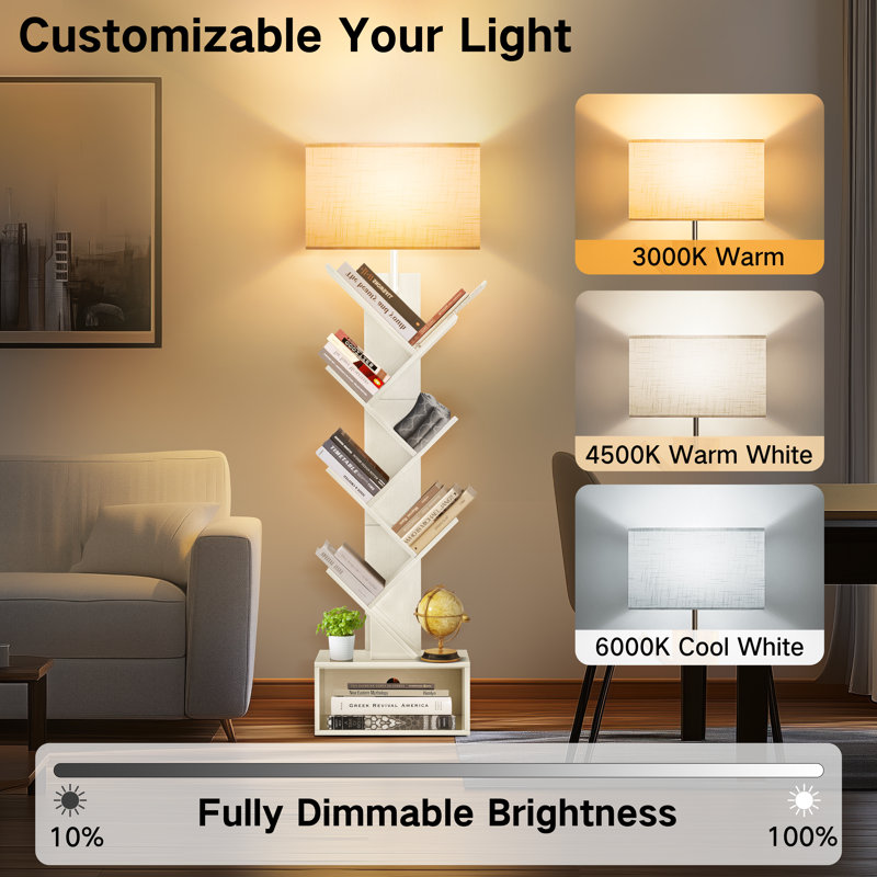 57" LED Tree Floor Lamp with Bookcase and Remote Control, White, White