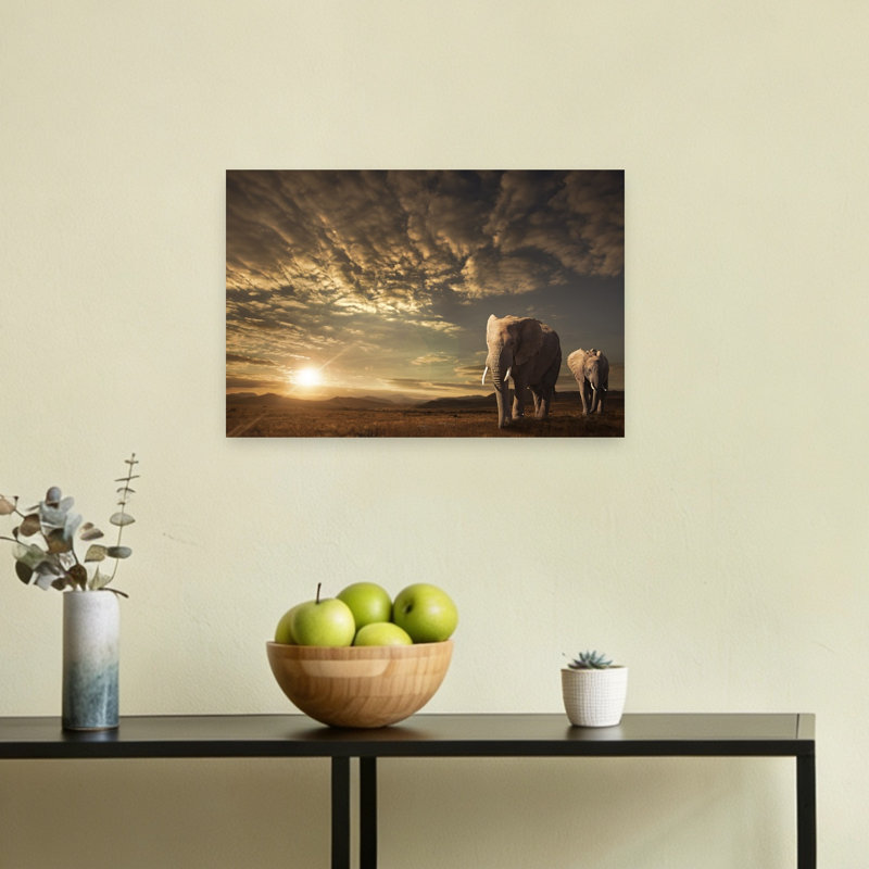 Coucher de soleil africain, éléphants sereins et tranquilles, paysage abstrait d'éléphants, affiche murale nature