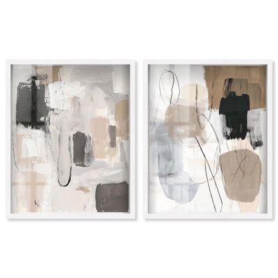 «Neutral Harmony», ensemble de 2 décorations murales à motif d'ombre abstraites par Art Remedy, cadre blanc, 21 x 25