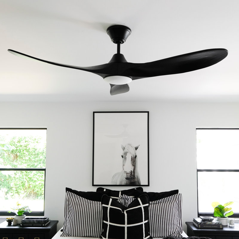 LED Downrod Ceiling Fan, Matte Black with Black Blades, 52 inches