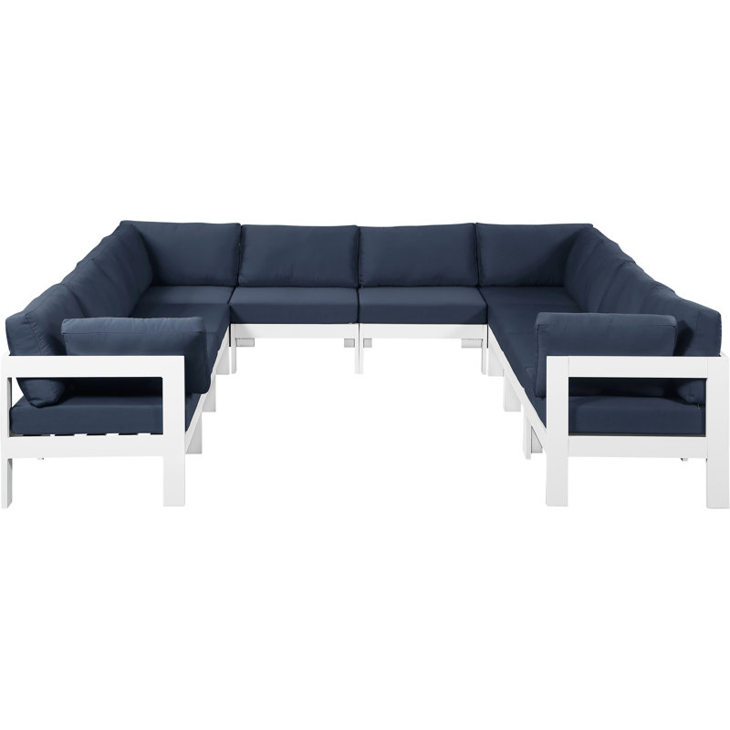 Koeppelle 120'' Wide Aluminum Patio Sectional with Cushions, White, Navy